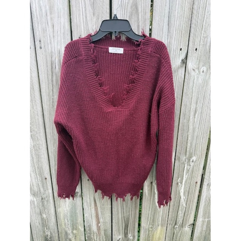 Grunge Distressed Zenana V-Neck Sweater M Burgundy Oversized Frayed Ribbed Knit